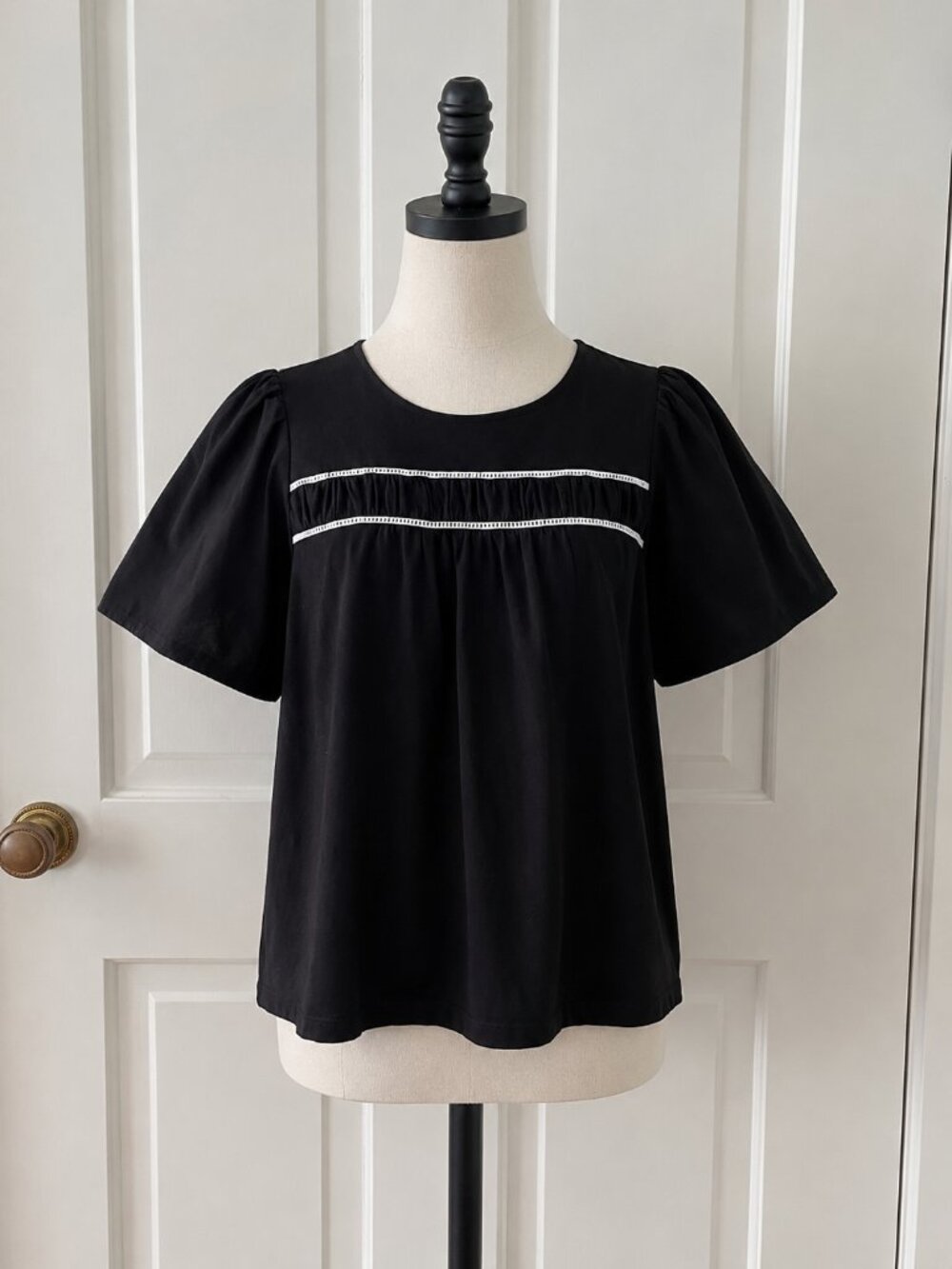 LOFT Black Knit Top with Woven Sleeves XS